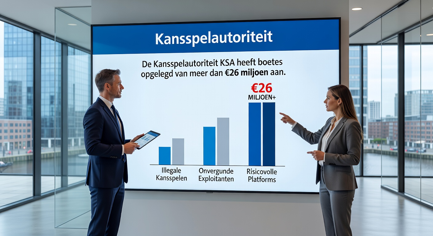  Illustratie van een boetebrief van de KSA met eurotekens en afbeeldingen van geblokkeerde gokwebsites