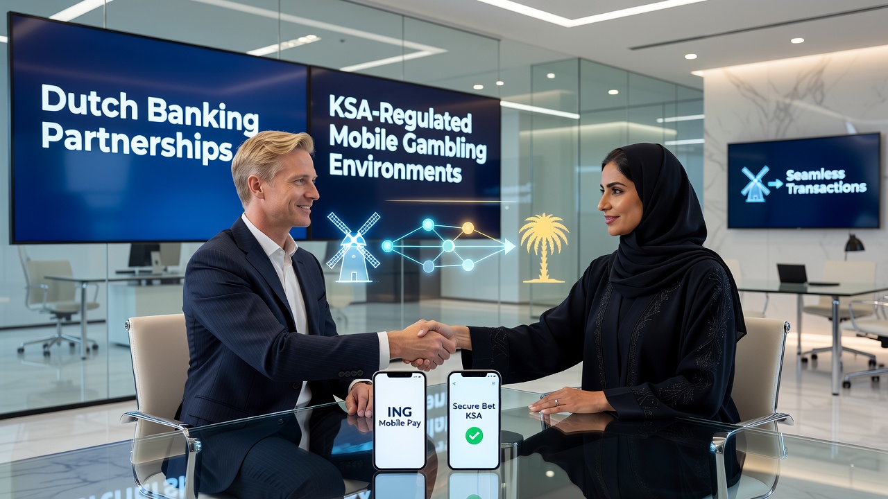 Illustratie van Nederlandse bankpartnerschappen die transacties faciliteren in mobiele gokapps onder KSA-regulering