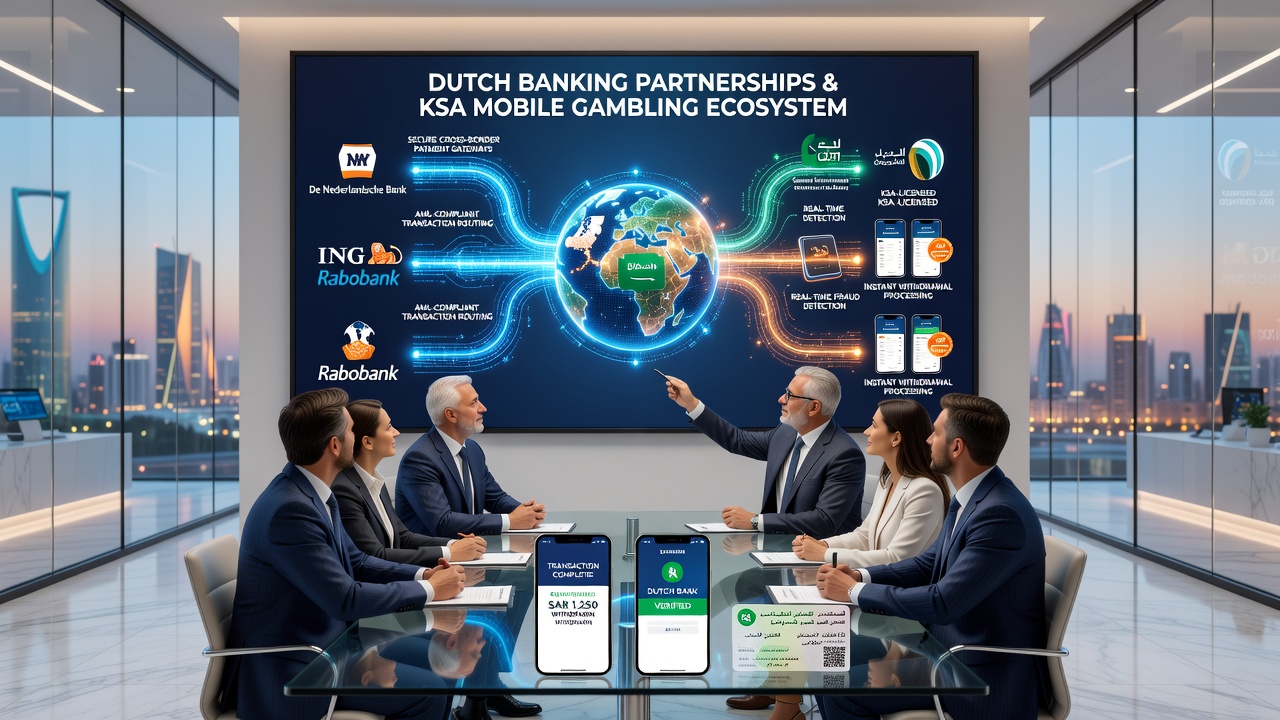 Diagram van naadloze transactiestromen tussen Nederlandse banken en KSA-gereguleerde mobiele casino's