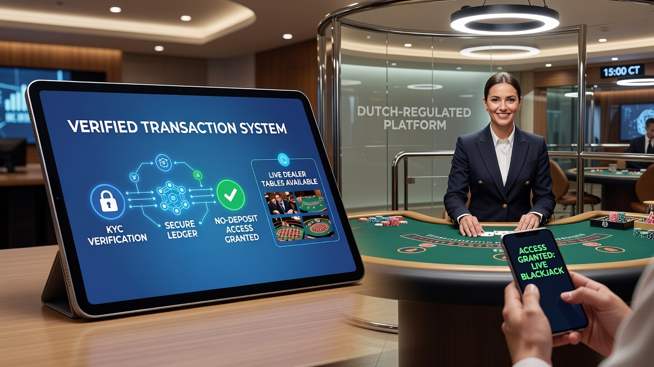 Mobiele app interface met live dealer tafel en verificatieproces